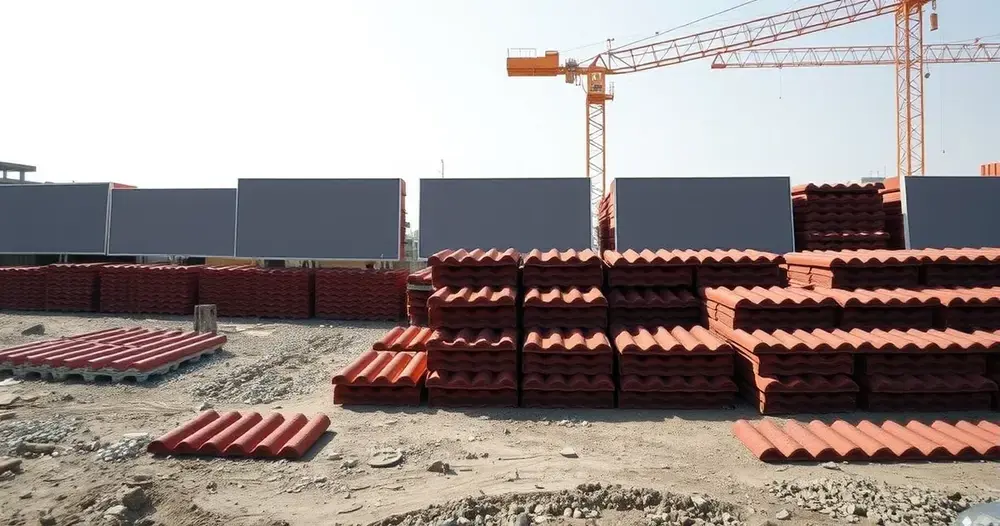 Pilhas de telhas cerâmicas vermelhas dispostas no chão de um canteiro de obras